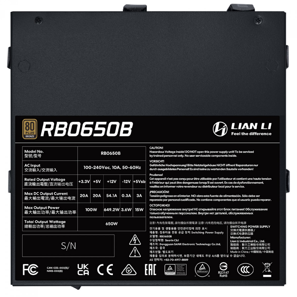 Fonte Lian Li RB650B, 650W, PFC Ativo, 80 Plus Bronze, ATX 3.1, Preto