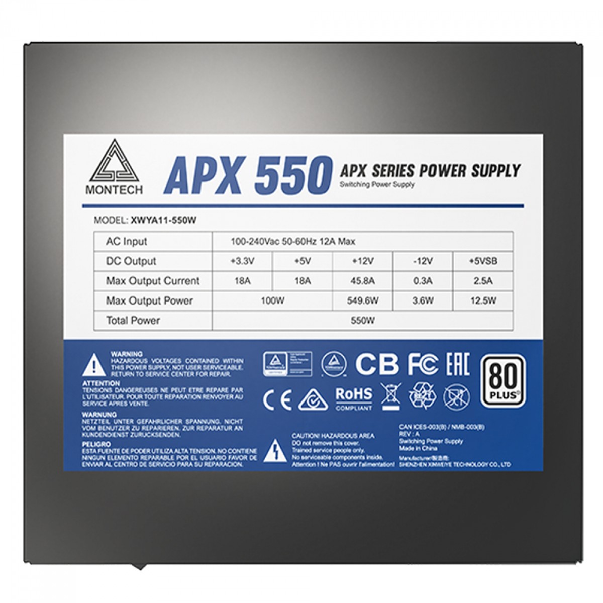 Fonte Montech APX550, 550W, 80 Plus White, PFC Ativo, Preto