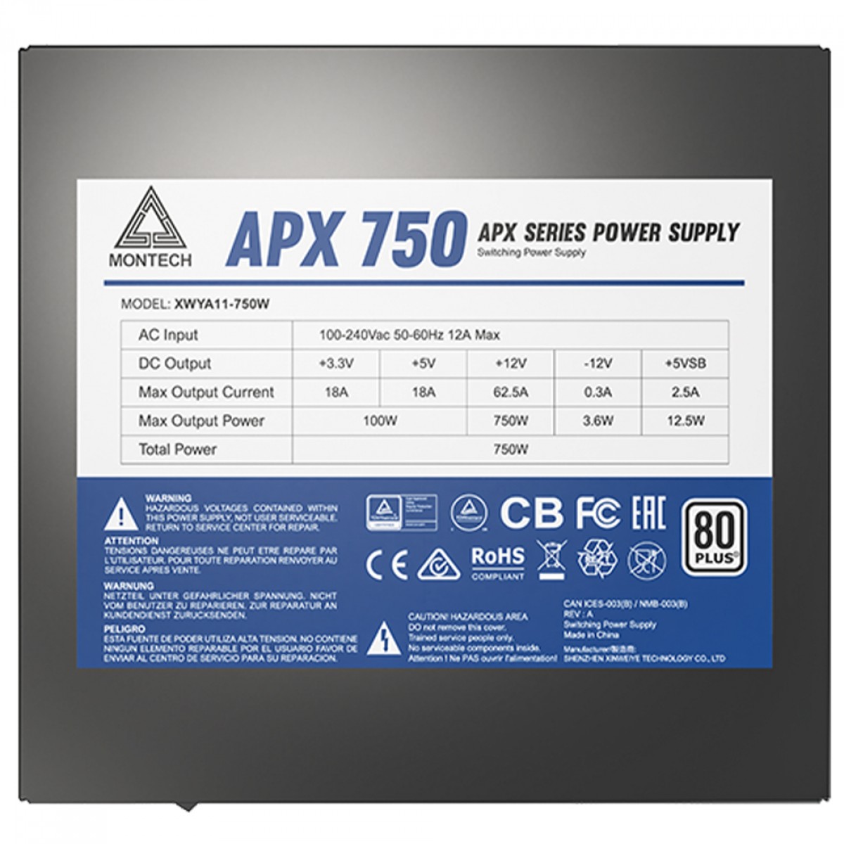 Fonte Montech APX750, 750W, 80 Plus White, PFC Ativo, Preto