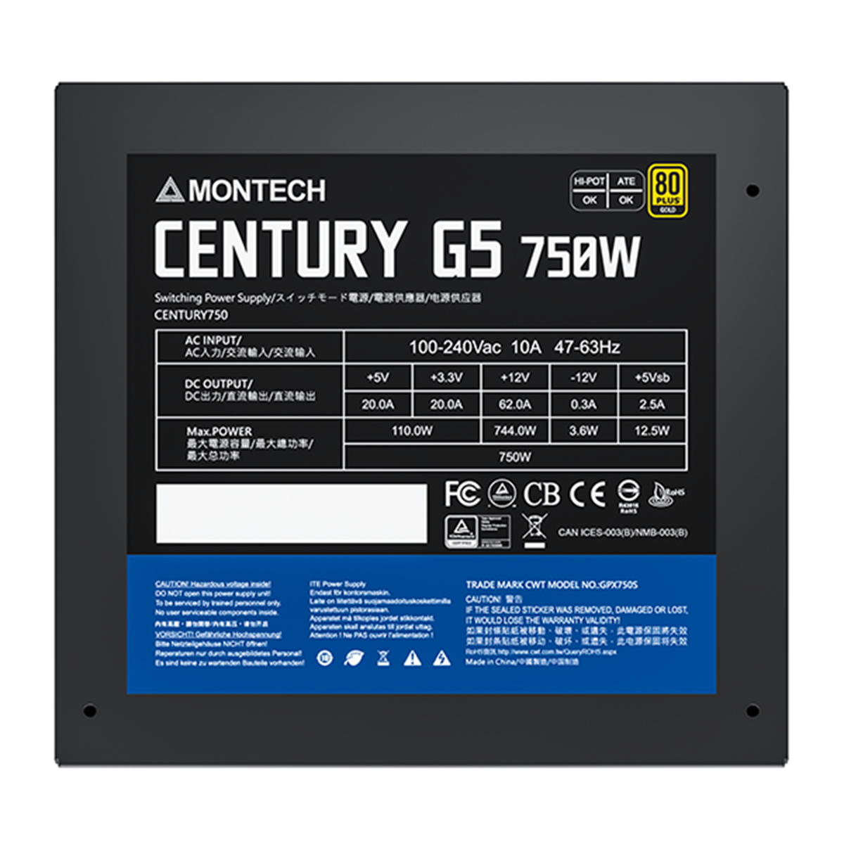 Fonte Montech Century G5 750W, 80 Plus Gold, PCIe 5.0, PFC Ativo, Full Modular, Black