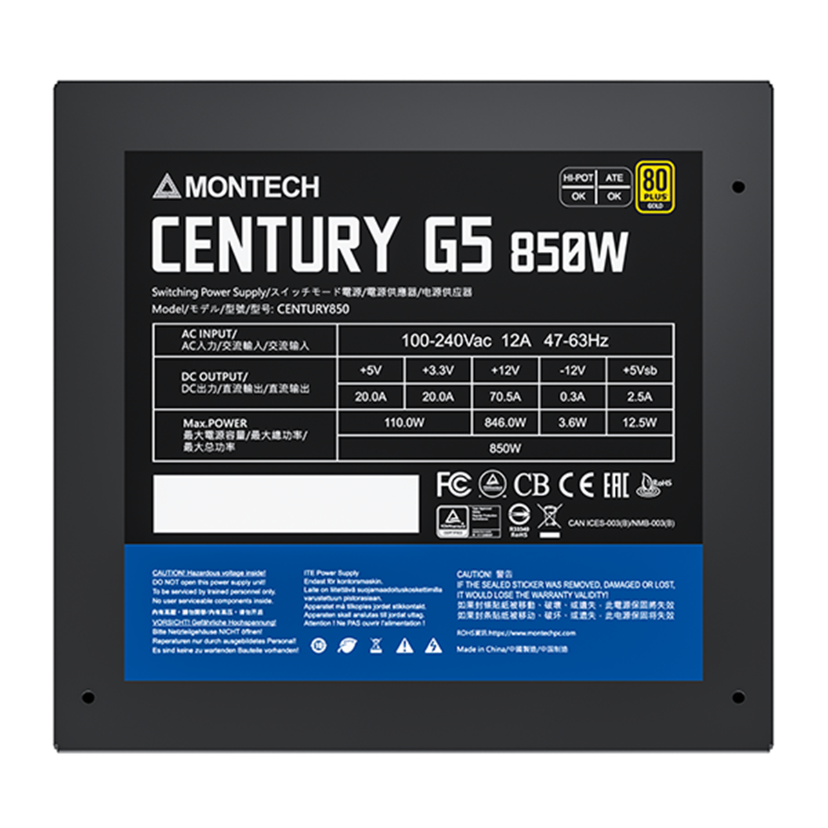 Fonte Montech Century G5 850W, 80 Plus Gold, PCIe 5.0, PFC Ativo, Full Modular, Black