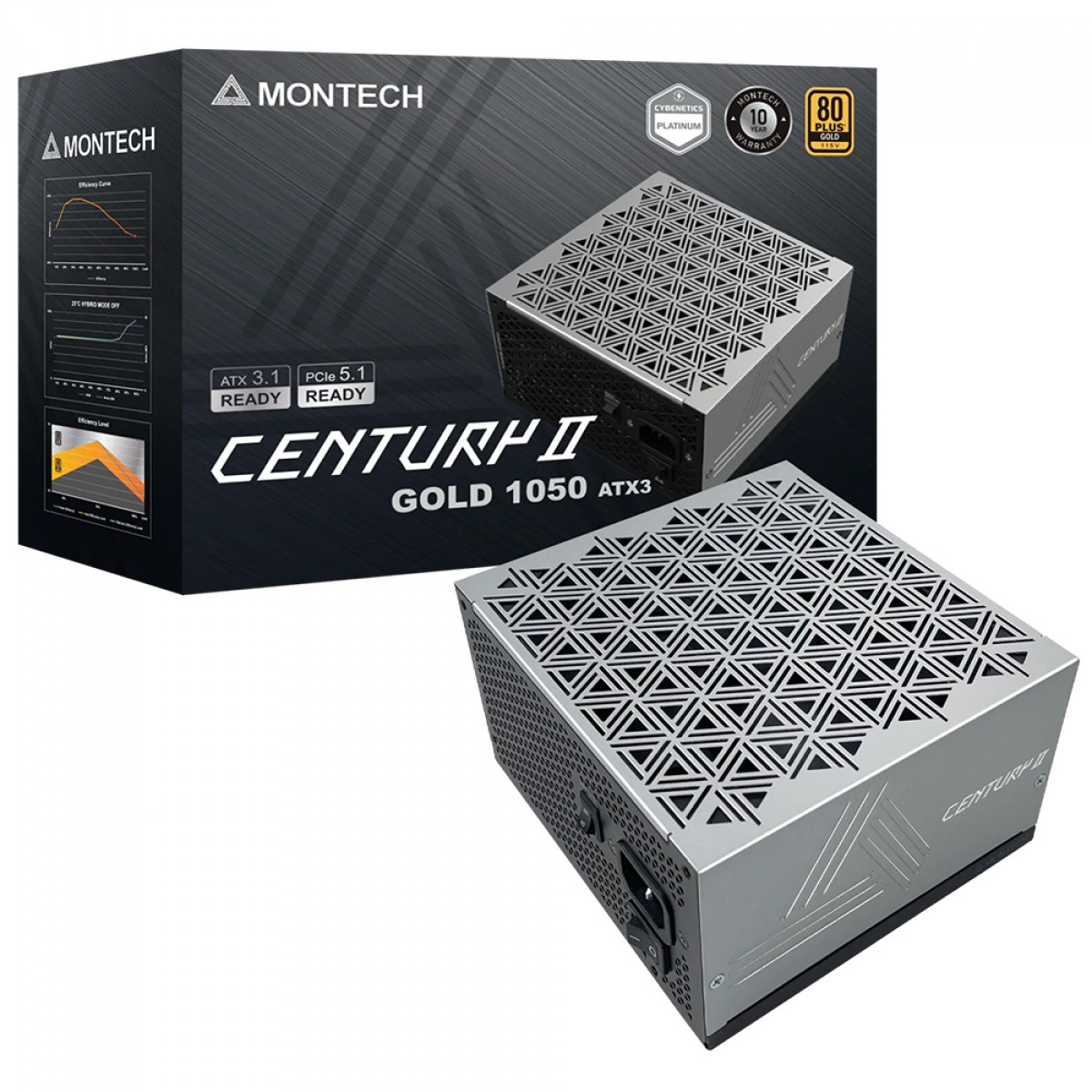Fonte Montech Century II 1050W, 80 Plus Gold, Cybenetics Platinum, PCIe 5.1, PFC Ativo, Full Modular, Cinza