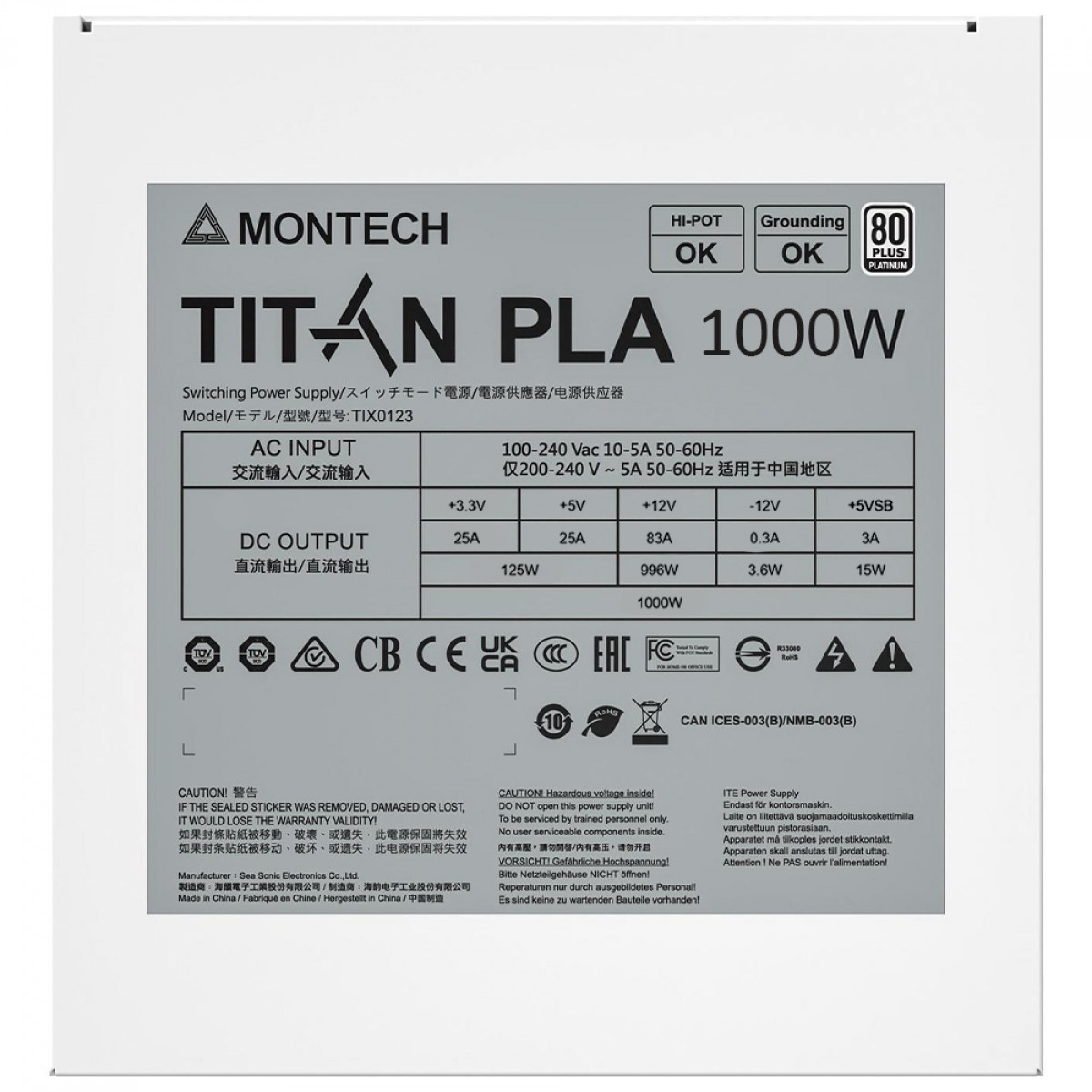 Fonte Montech Titan PLA, 1000W, 80 Plus Platinum, PFC Ativo, ATX 3.1, PCIe 5.1, Full Modular, White