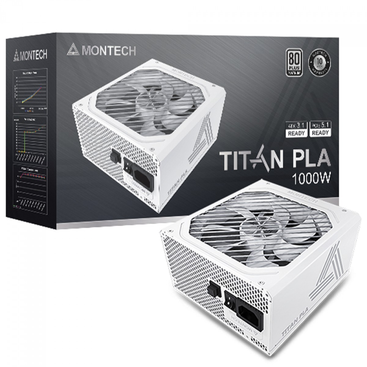 Fonte Montech Titan PLA, 1000W, 80 Plus Platinum, PFC Ativo, ATX 3.1, PCIe 5.1, Full Modular, White