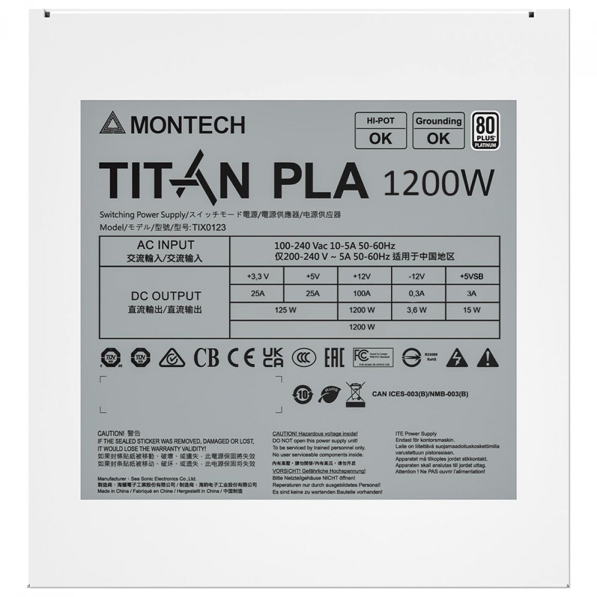 Fonte Montech Titan PLA, 1200W, 80 Plus Platinum, PFC Ativo, ATX 3.1, PCIe 5.1, Full Modular, White