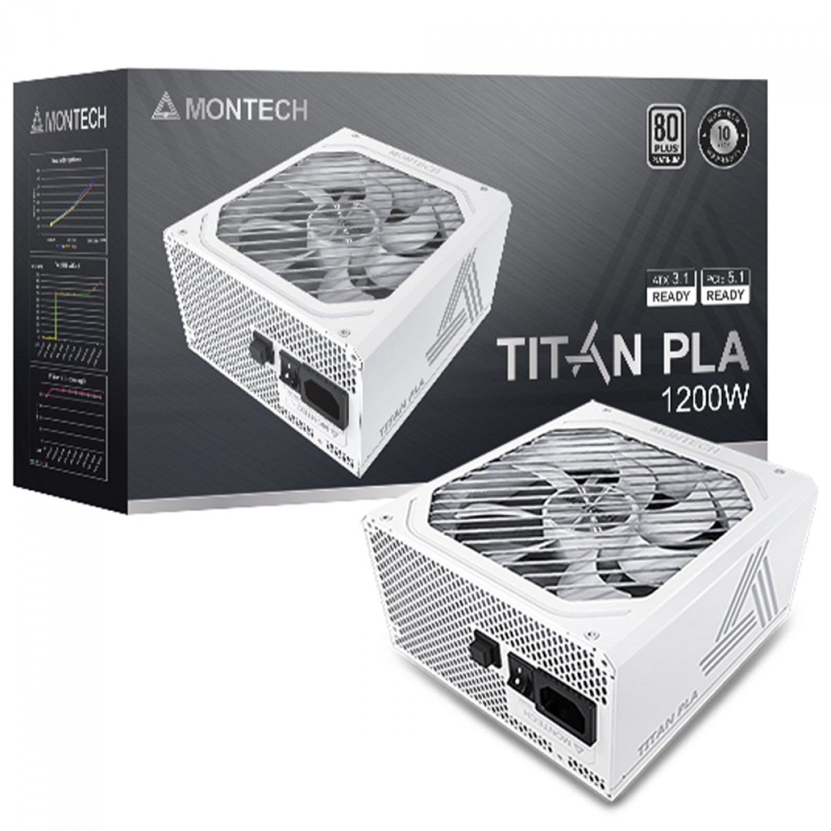 Fonte Montech Titan PLA, 1200W, 80 Plus Platinum, PFC Ativo, ATX 3.1, PCIe 5.1, Full Modular, White