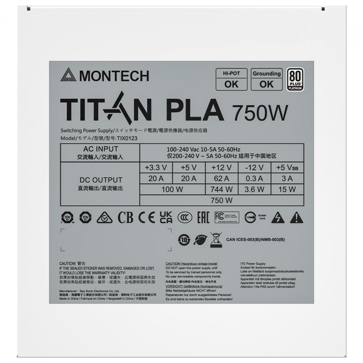 Fonte Montech Titan PLA, 750W, 80 Plus Platinum, PFC Ativo, ATX 3.1, PCIe 5.1, Full Modular, White