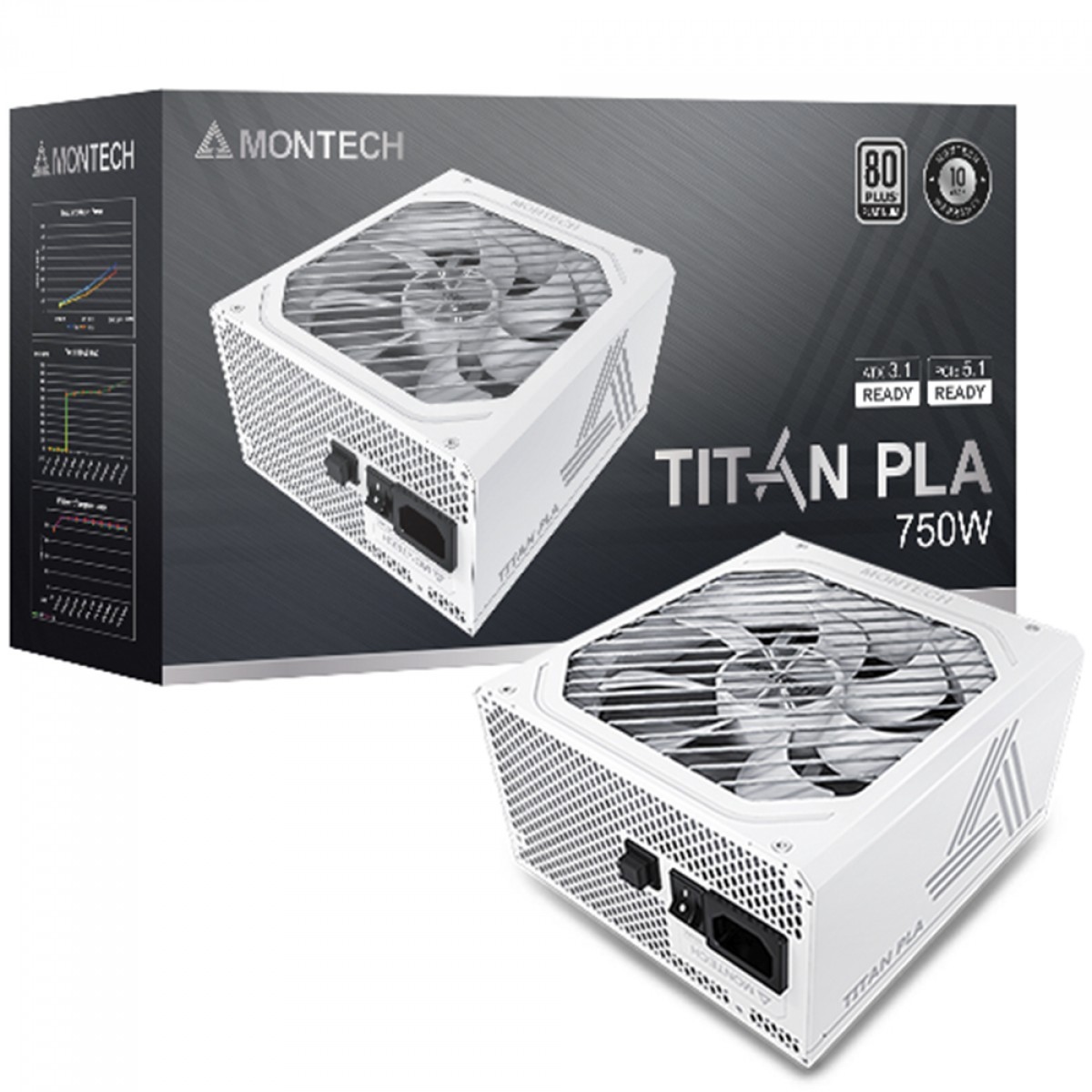 Fonte Montech Titan PLA, 750W, 80 Plus Platinum, PFC Ativo, ATX 3.1, PCIe 5.1, Full Modular, White