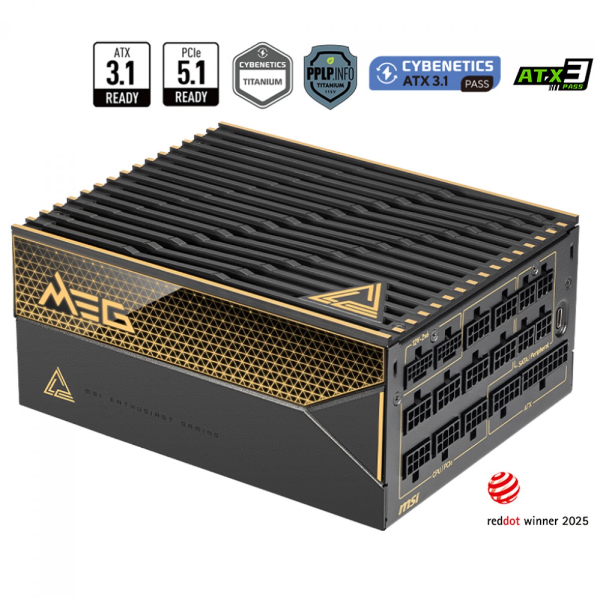 Fonte MSI MEG AI1600T PCIE5, 1600W, 80 Plus Titanium, Cybenetics Titanium, PFC Ativo, ATX 3.1, Full Modular, Preto