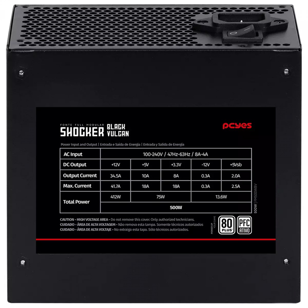 Fonte PCYES Shocker Black Vulcan, 500W, Full Modular, 80 Plus White, Preto, FM500WBV