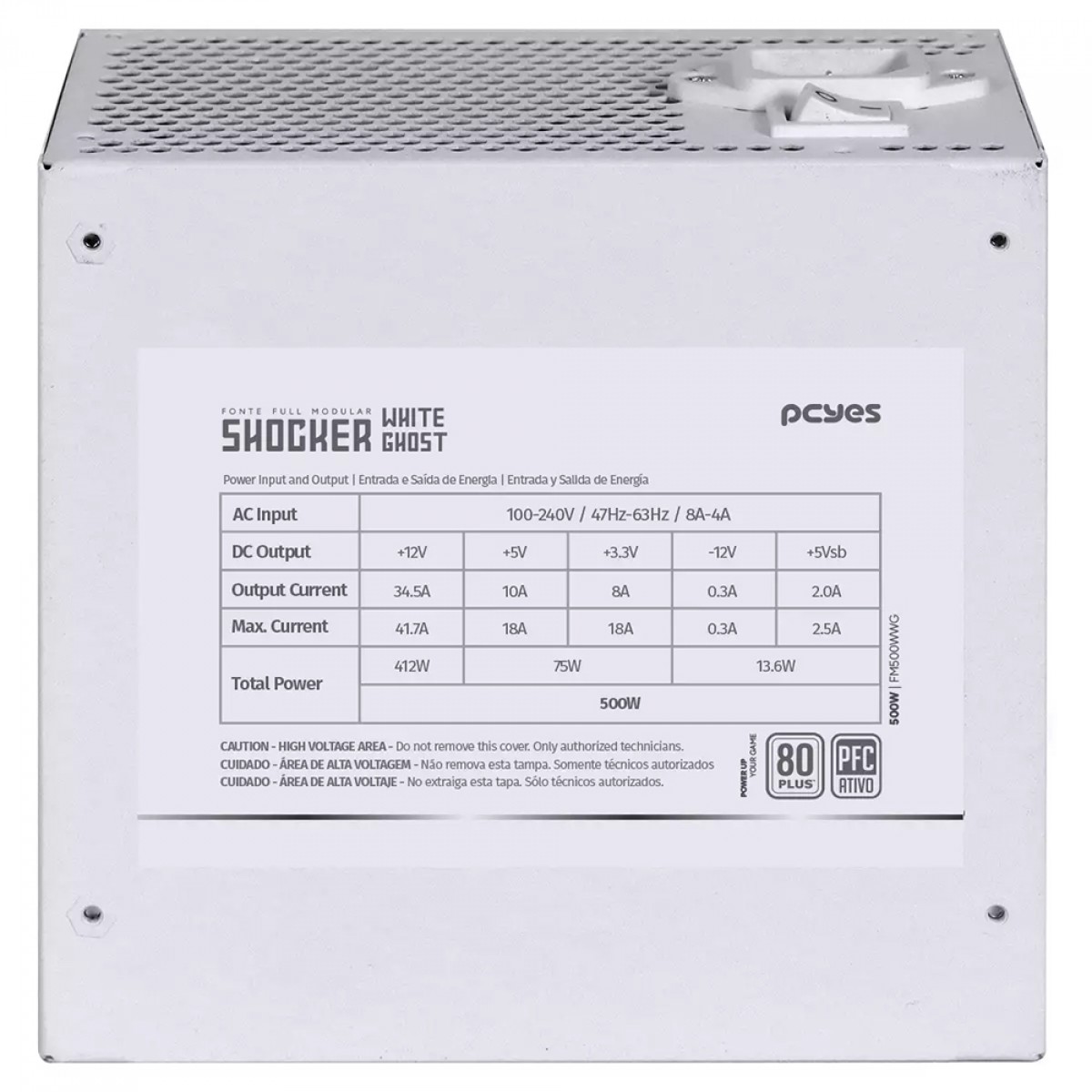 Fonte PCYES Shocker White Ghost, 500W, Full Modular, 80 Plus White, Branca, FM500WWG