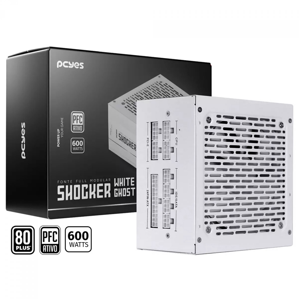 Fonte PCYES Shocker White Ghost, 600W, Full Modular, 80 Plus White, Branca, FM600WWG
