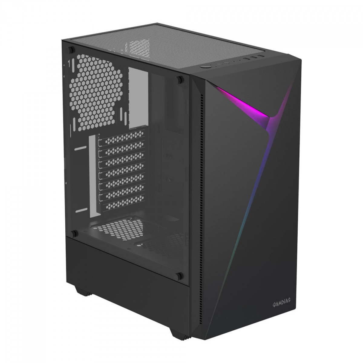 Gabinete Gamer Gamdias Argus E4, RGB, Mid-Tower, Vidro Temperado, Black, Sem fonte, Sem Fan
