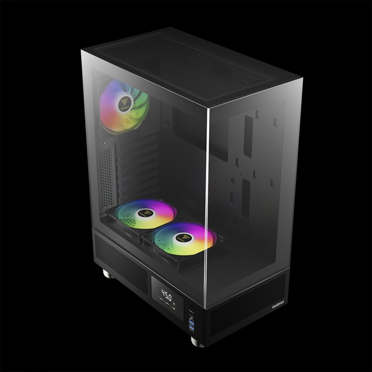 Gabinete Gamer Gamdias Atlas E1, Mid Tower, Display Digital, Vidro Temperado, ATX, Black, Sem Fonte, Com 3 Fans ARGB