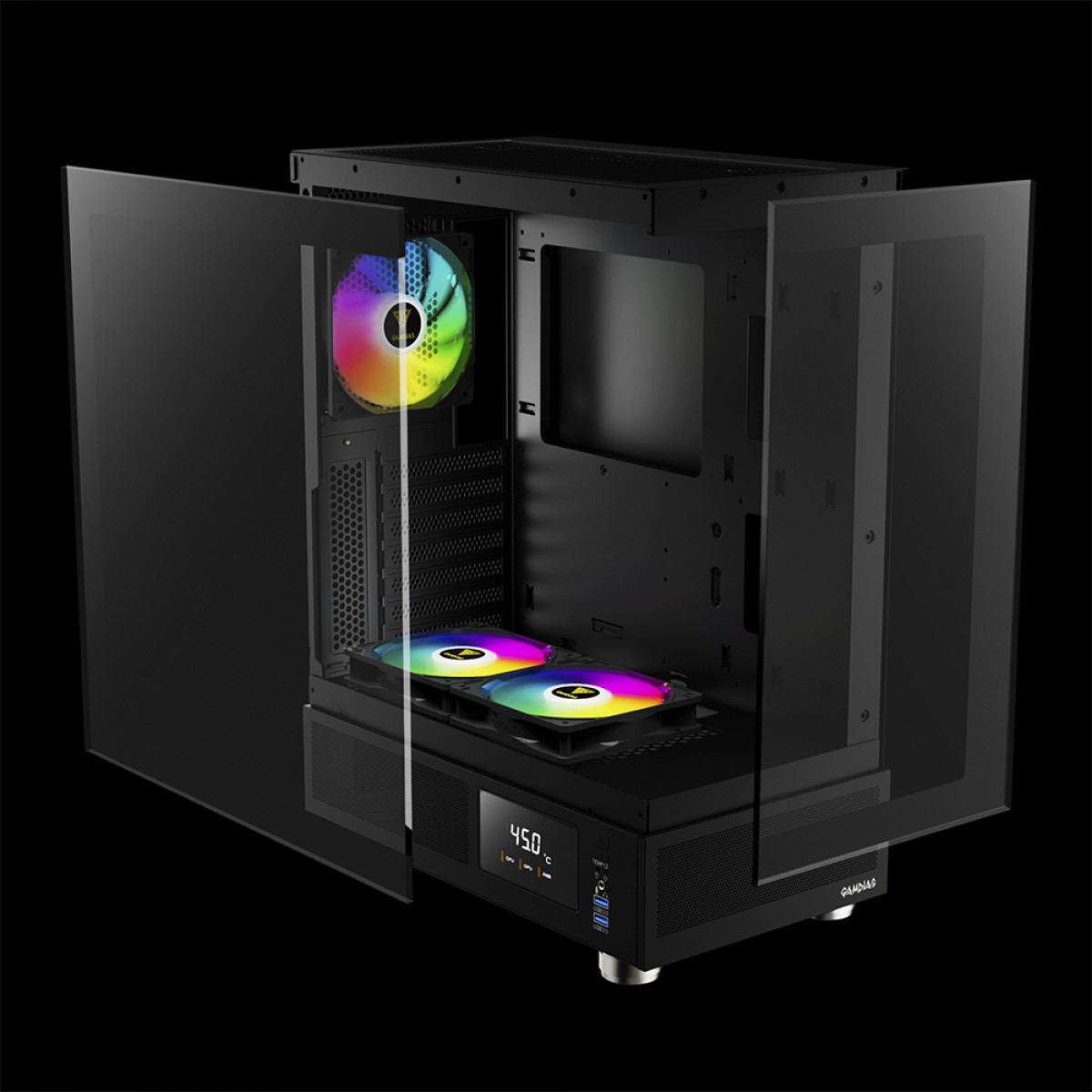 Gabinete Gamer Gamdias Atlas E1, Mid Tower, Display Digital, Vidro Temperado, ATX, Black, Sem Fonte, Com 3 Fans ARGB