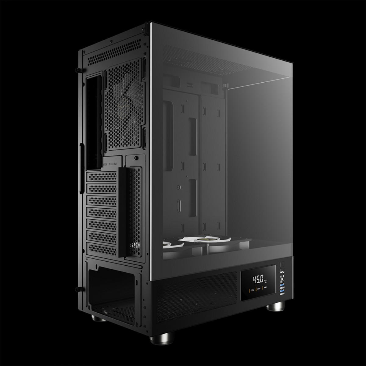 Gabinete Gamer Gamdias Atlas E1, Mid Tower, Display Digital, Vidro Temperado, ATX, Black, Sem Fonte, Com 3 Fans ARGB