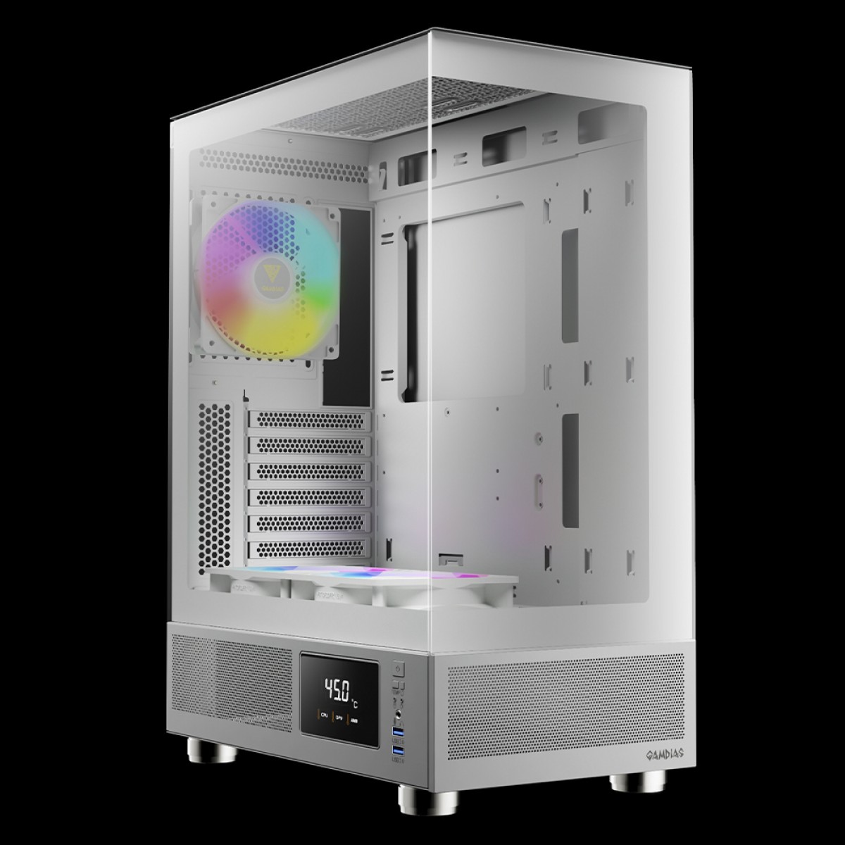 Gabinete Gamer Gamdias Atlas E1 WH, Mid Tower, Display Digital, Vidro Temperado, ATX, White, Sem Fonte, Com 3 Fans ARGB