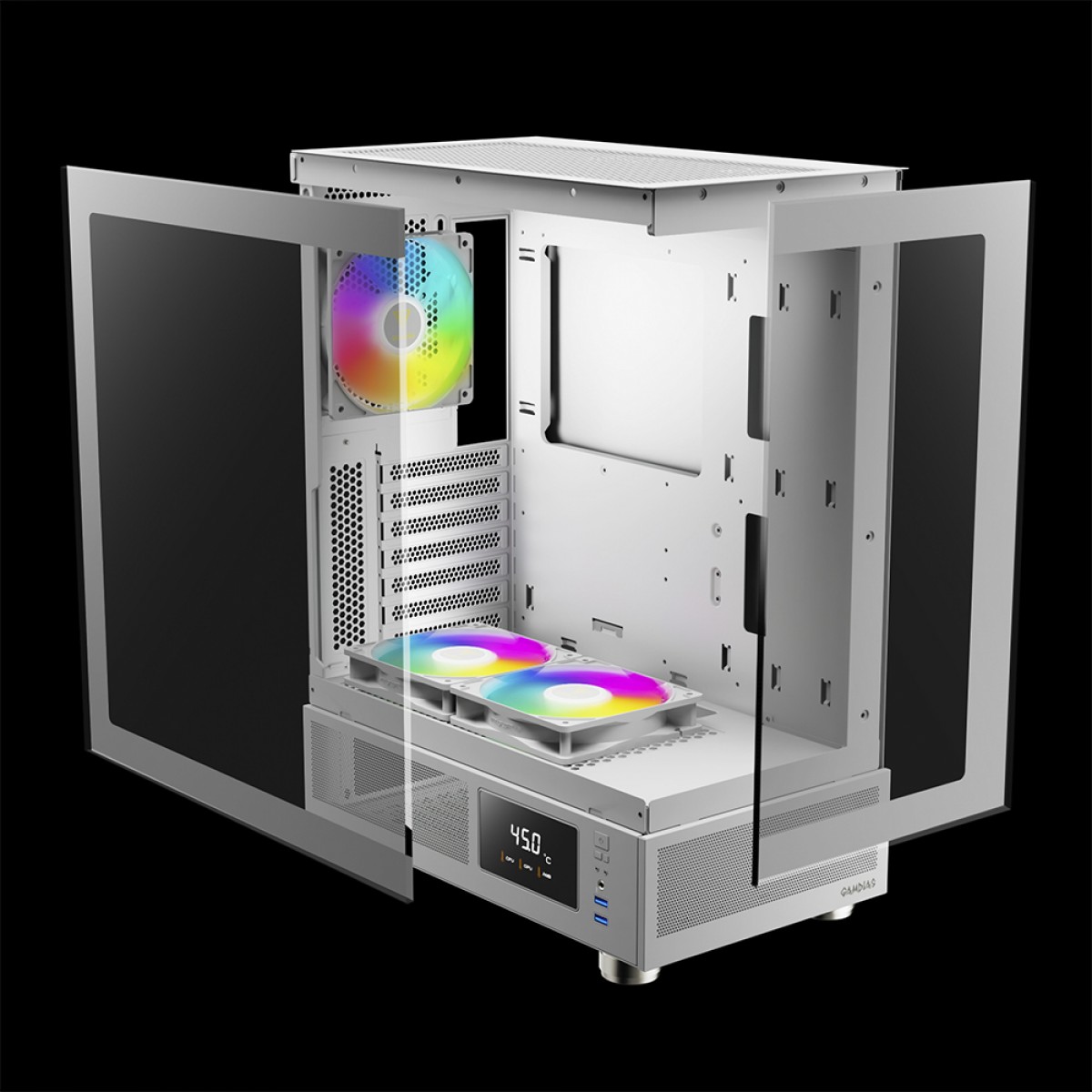 Gabinete Gamer Gamdias Atlas E1 WH, Mid Tower, Display Digital, Vidro Temperado, ATX, White, Sem Fonte, Com 3 Fans ARGB