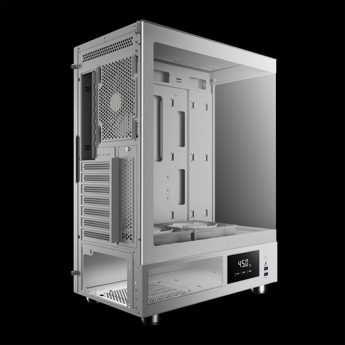 Gabinete Gamer Gamdias Atlas E1 WH, Mid Tower, Display Digital, Vidro Temperado, ATX, White, Sem Fonte, Com 3 Fans ARGB