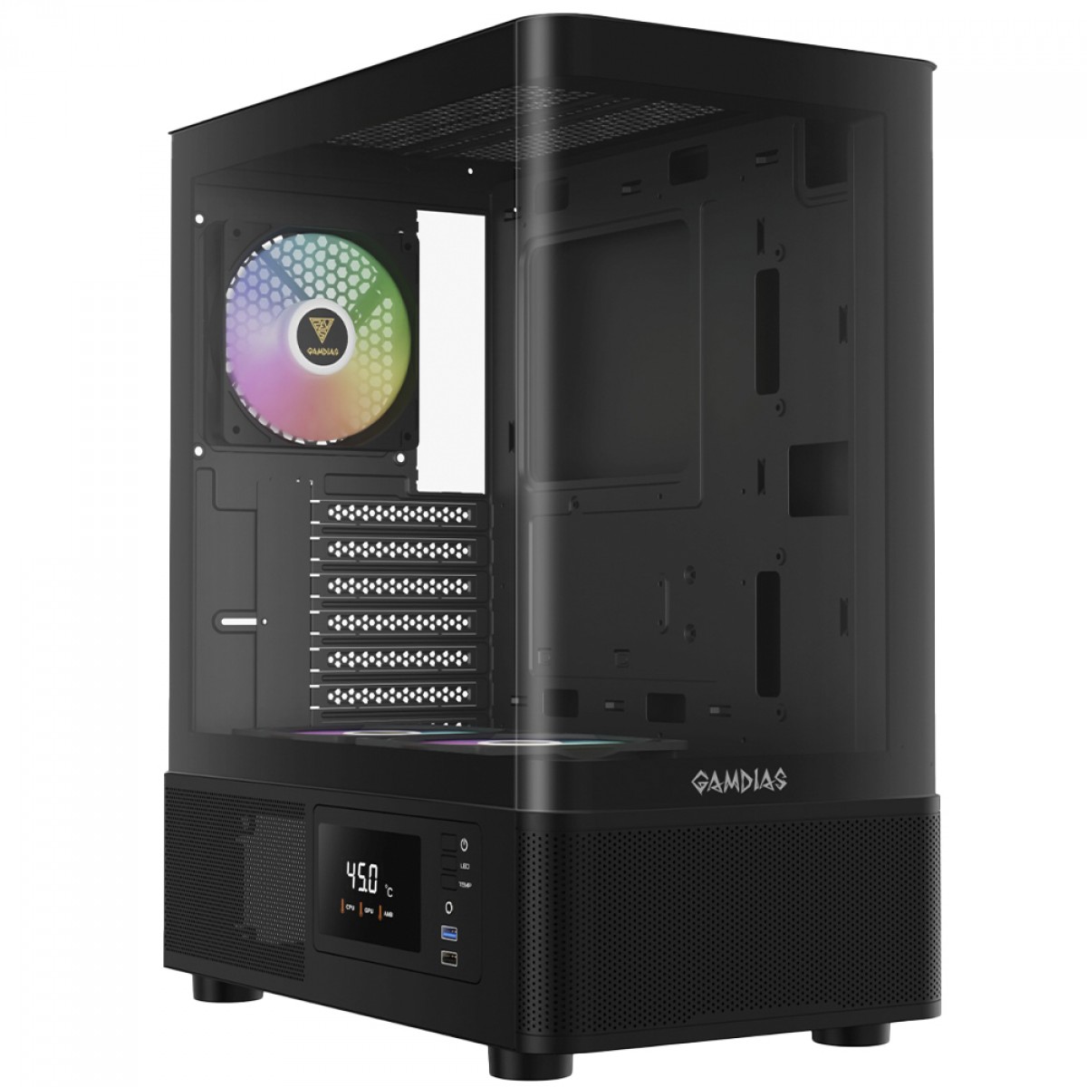 Gabinete Gamer Gamdias Atlas E2 CG, Mid Tower, Vidro Temperado, ATX, Sem Fonte, Com 3 Fans ARGB, Preto