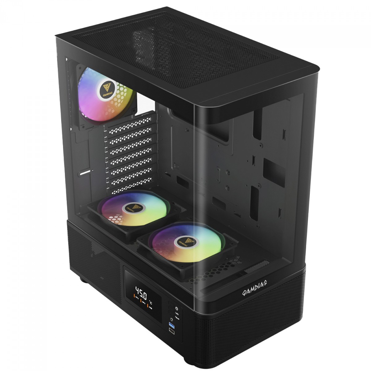 Gabinete Gamer Gamdias Atlas E2 CG, Mid Tower, Vidro Temperado, ATX, Sem Fonte, Com 3 Fans ARGB, Preto