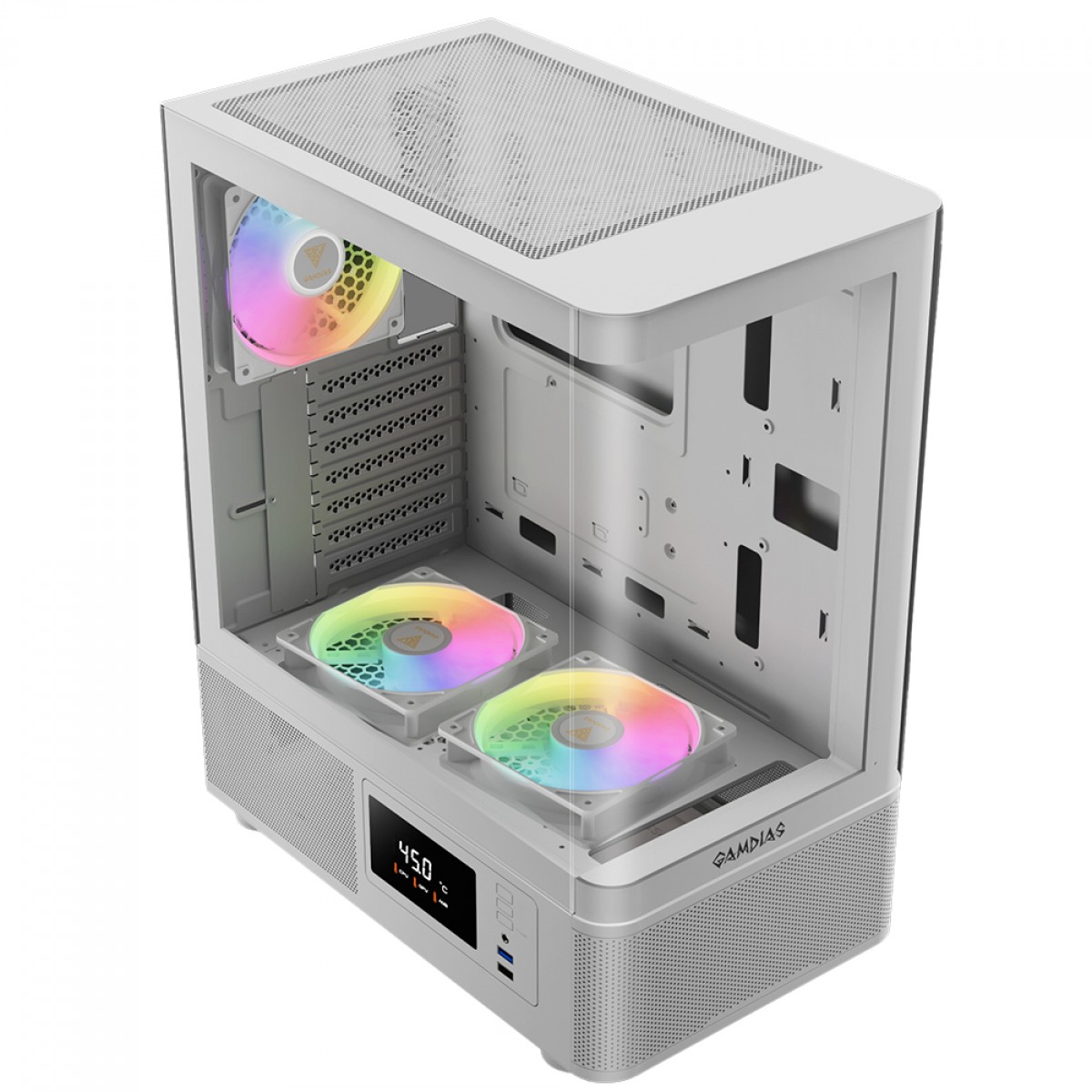 Gabinete Gamer Gamdias Atlas E2 CG WH, Mid Tower, Vidro Temperado, ATX, Sem Fonte, Com 3 Fans ARGB, Branco