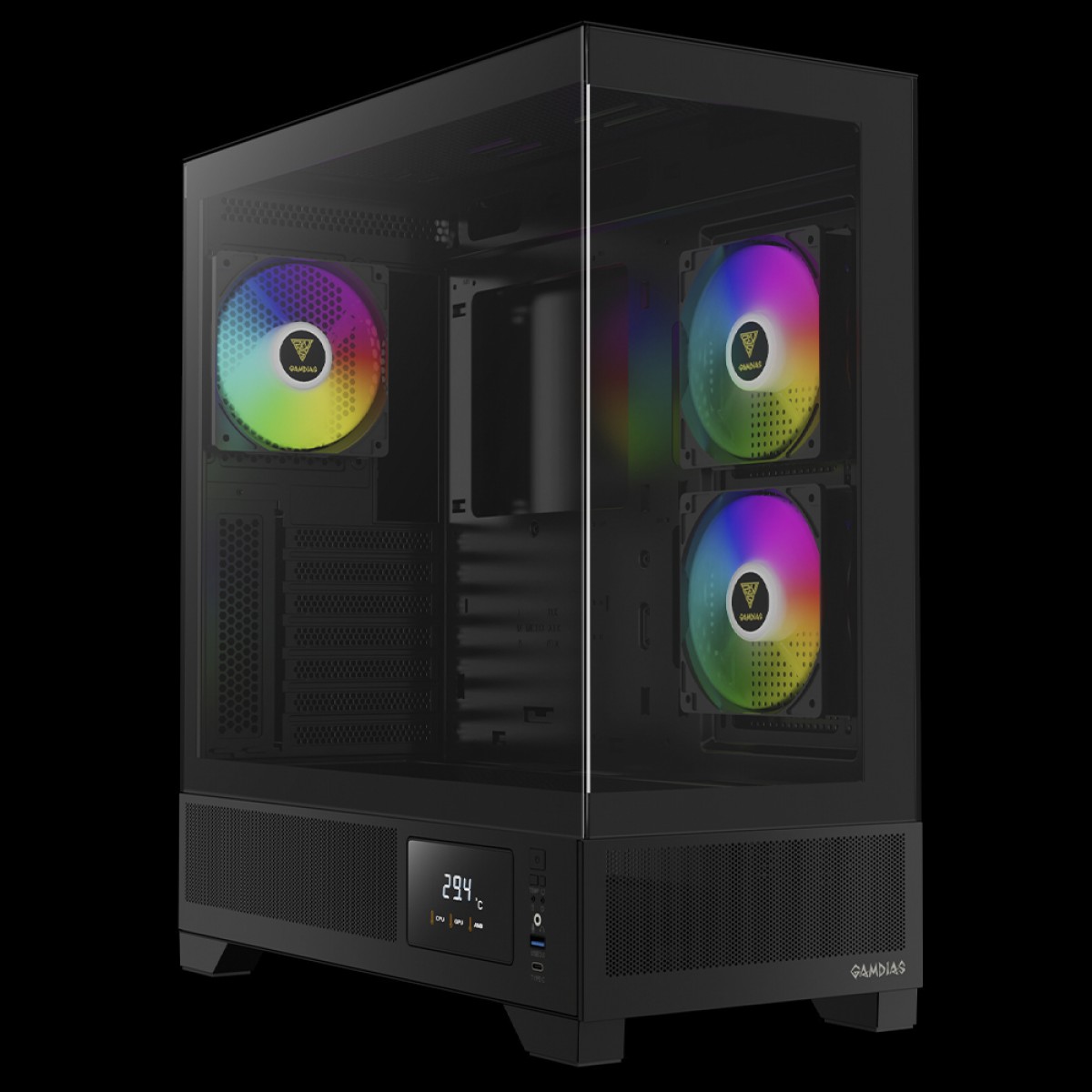 Gabinete Gamer Gamdias Atlas M1, Mid Tower, Vidro Temperado, ATX, Black, Sem Fonte, Com 3 Fans ARGB