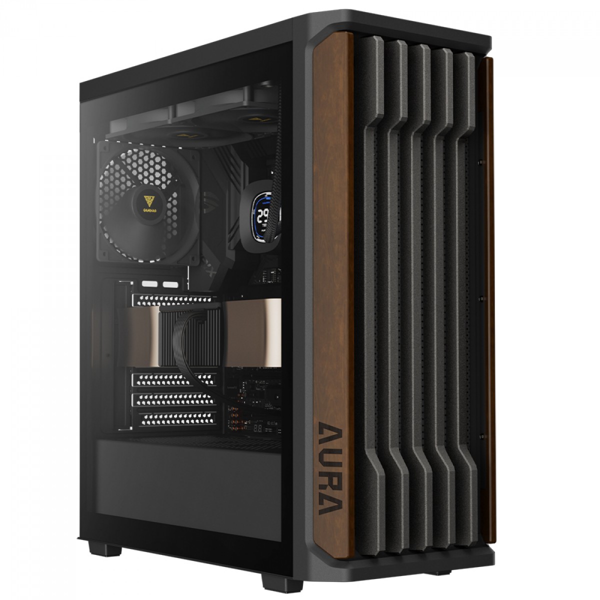 Gabinete Gamer Gamdias Aura GC11 WOOD, Mid Tower, Vidro Temperado, ATX, Sem Fonte, Madeira Nogueira, Com 4 Fans, Preto