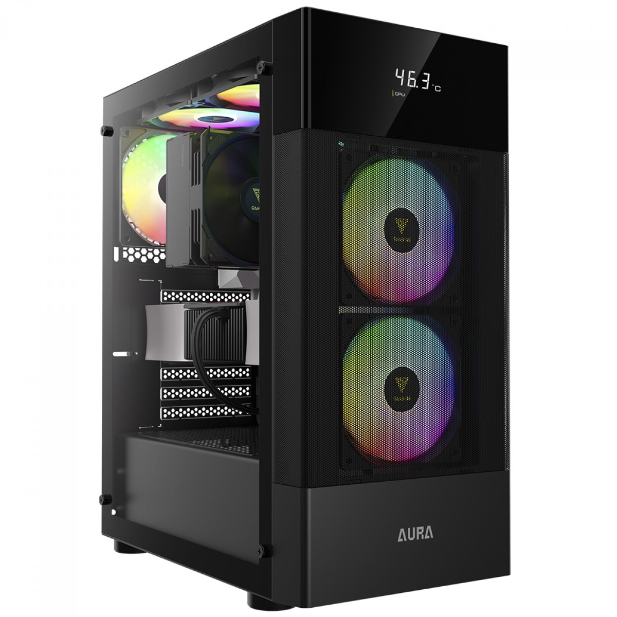 Gabinete Gamer Gamdias Aura GC5, Mid Tower, Vidro Temperado, ATX, Black, Sem Fonte, Com 3 Fans RGB