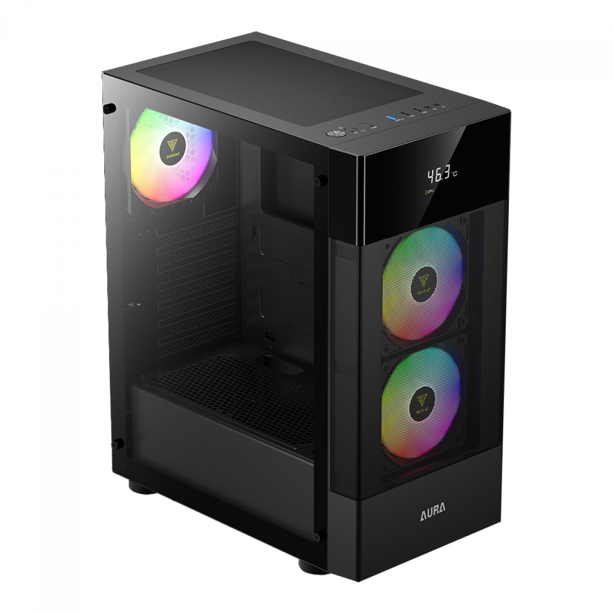 Gabinete Gamer Gamdias Aura GC5, Mid Tower, Vidro Temperado, ATX, Black, Sem Fonte, Com 3 Fans RGB