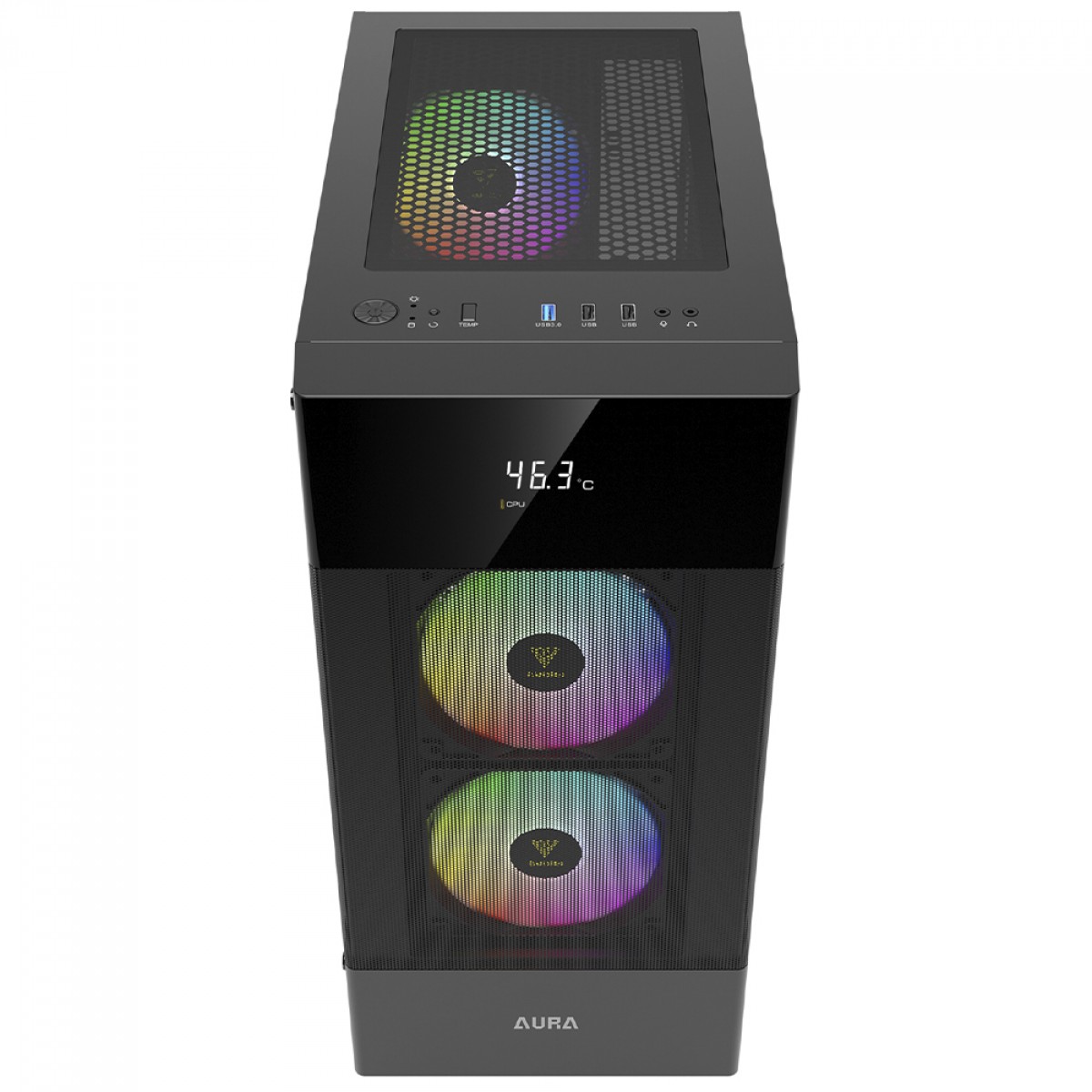 Gabinete Gamer Gamdias Aura GC5, Mid Tower, Vidro Temperado, Display Digital, ATX, Sem Fonte,Com 3 Fans ARGB, Preto