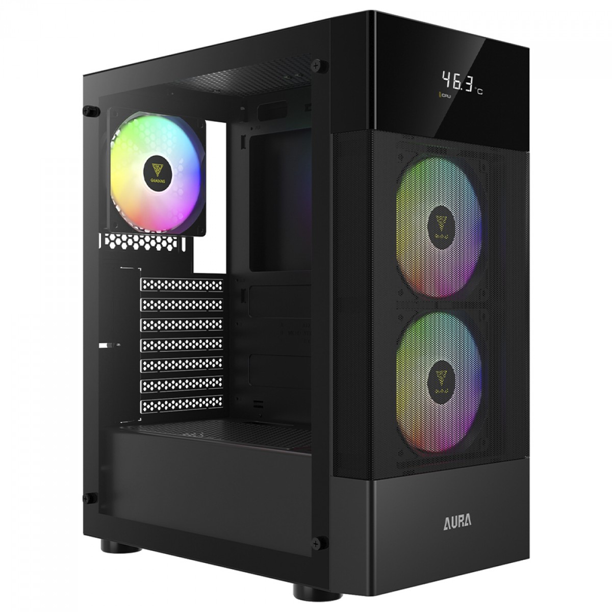Gabinete Gamer Gamdias Aura GC5, Mid Tower, Vidro Temperado, Display Digital, ATX, Sem Fonte,Com 3 Fans ARGB, Preto