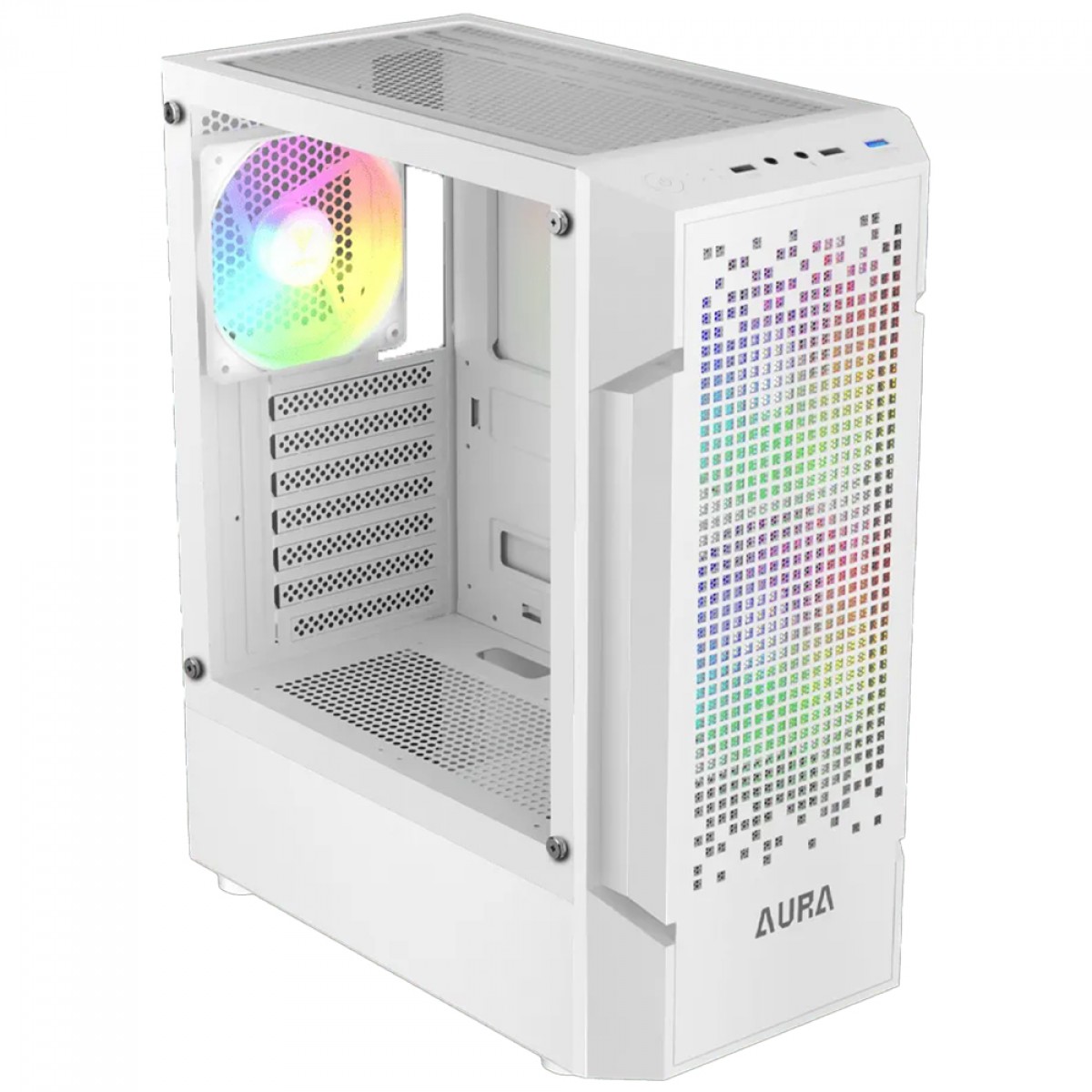 Gabinete Gamer Gamdias Aura GC7 WH ARGB, Vidro Temperado, ATX, Mid Tower, Com 3 Fans, Sem Fonte, Branco