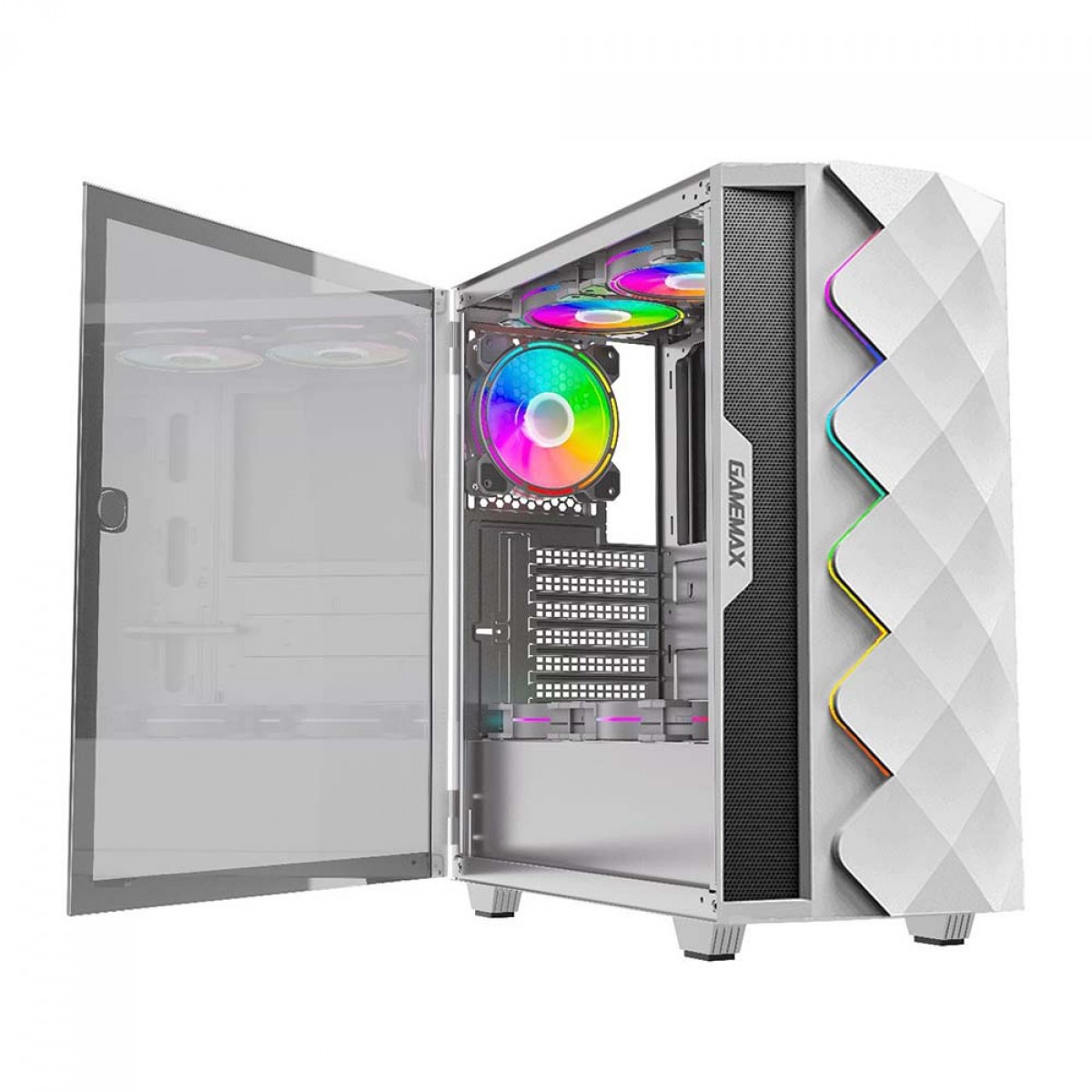 Gabinete Gamer Gamemax Diamond 3601-W, RGB,  Mid Tower, Vidro Temperado, Branco, S-Fonte, Com 1 Fan