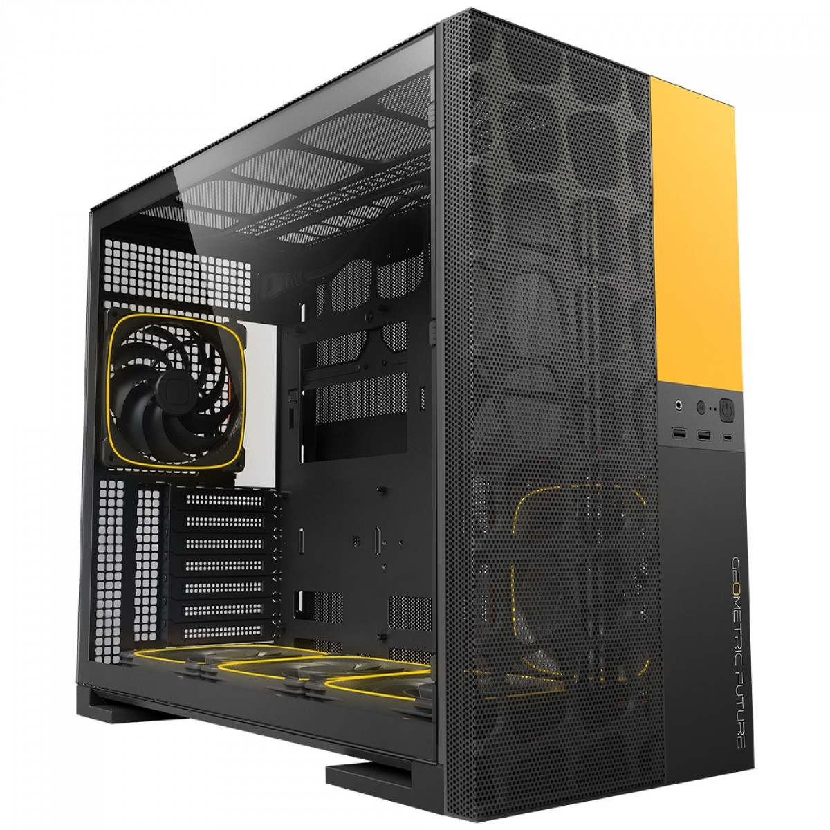Gabinete Gamer Geometric Future Model 5 Vent, Mid Tower, Vidro Temperado, EATX, Sem Fonte, Com 5 Fans ARGB, Preto e Amarelo, GEO-M5VF-BY
