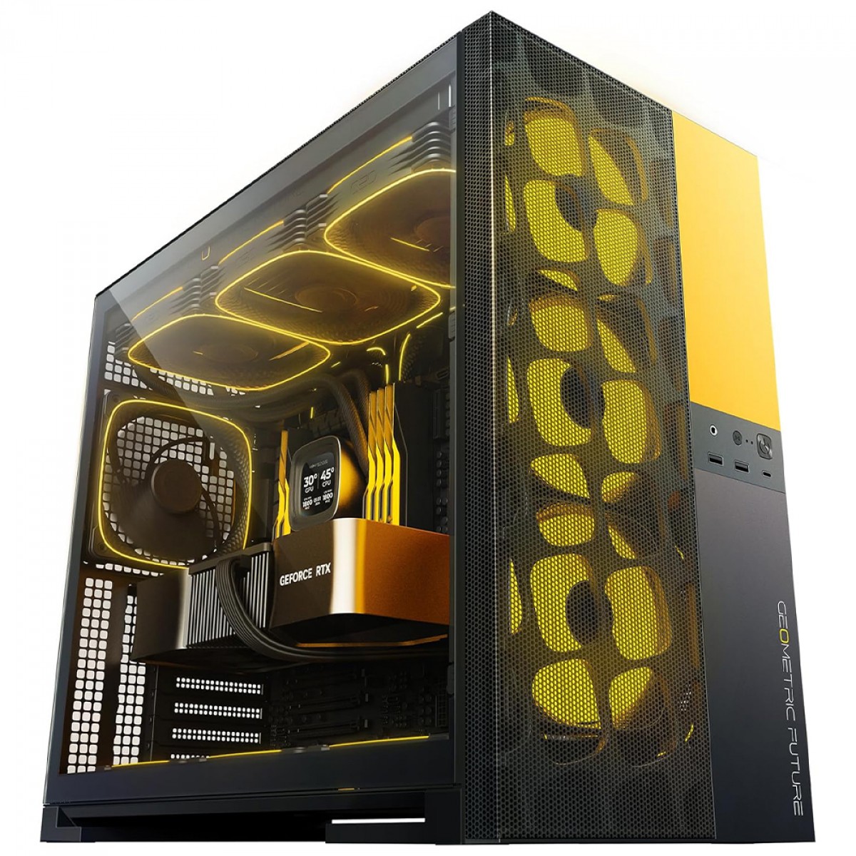 Gabinete Gamer Geometric Future Model 5 Vent, Mid Tower, Vidro Temperado, EATX, Sem Fonte, Com 5 Fans ARGB, Preto e Amarelo, GEO-M5VF-BY