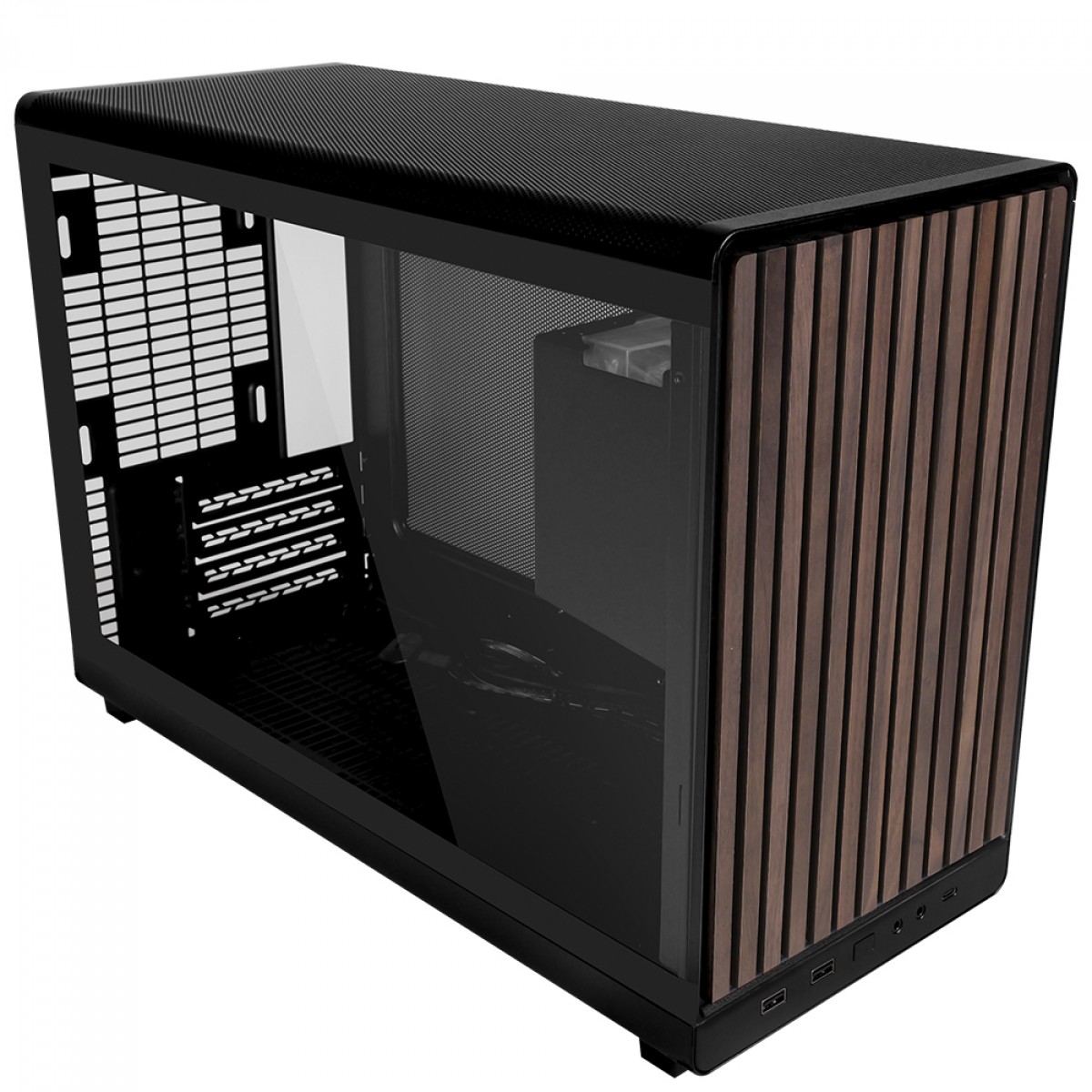 Gabinete Gamer Lian Li 011 A3-mATX Wood Black, Mini Tower, Vidro Temperado, M-ATX, Sem Fonte, Sem Fan, Preto