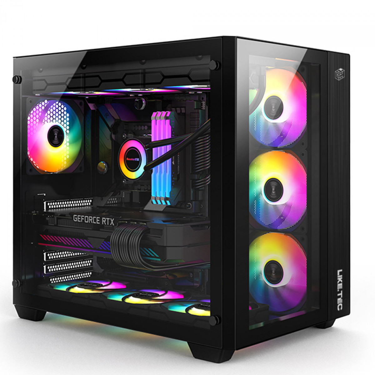 Gabinete Gamer Liketec Zeus V2, Mid Tower, Vidro Temperado, RGB, ATX,  Black, Sem Fonte, Com 6 Fans, LC-CB3X3-ZEUS-2056