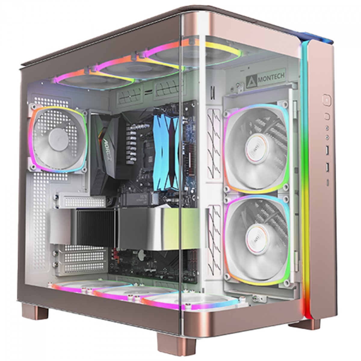 Gabinete Gamer Montech King 95 PRO, ARGB, Mid Tower, Vidro Temperado, ATX, Rose Gold, Sem Fonte, Com 6 Fans