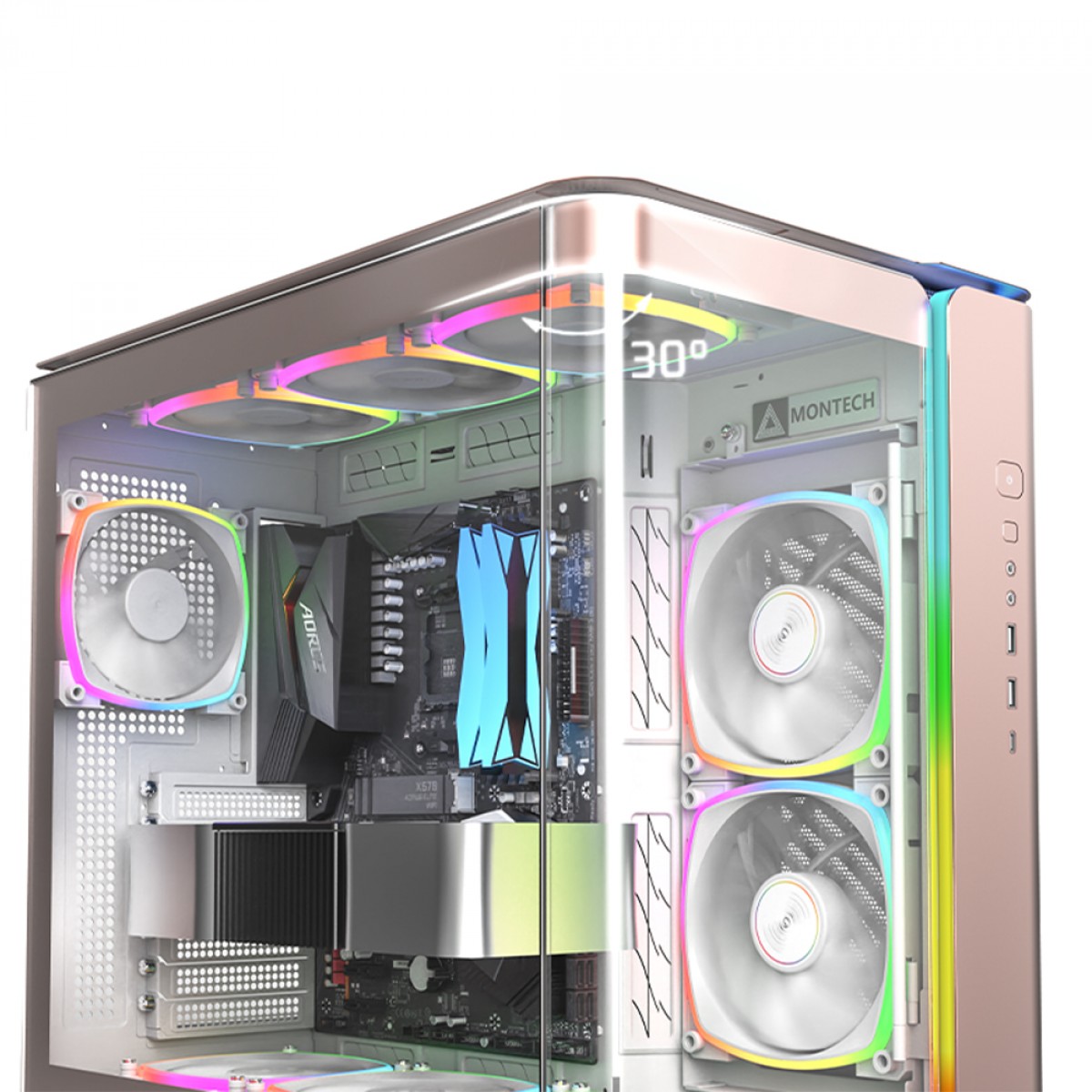 Gabinete Gamer Montech King 95 PRO, ARGB, Mid Tower, Vidro Temperado, ATX, Rose Gold, Sem Fonte, Com 6 Fans