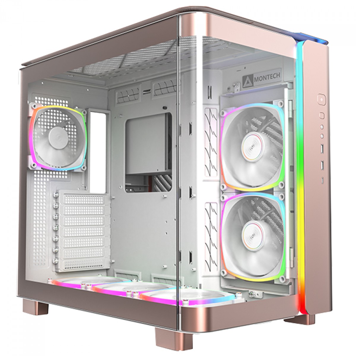 Gabinete Gamer Montech King 95 PRO, ARGB, Mid Tower, Vidro Temperado, ATX, Rose Gold, Sem Fonte, Com 6 Fans
