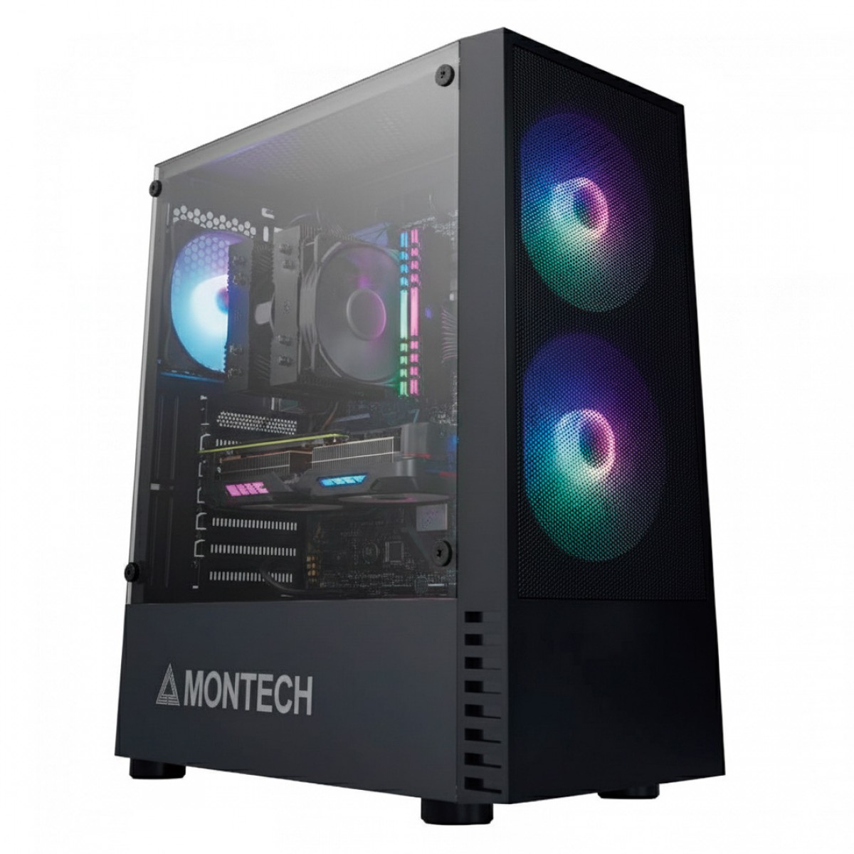 Gabinete Gamer Montech X2 MESH, Mid Tower, Vidro Temperado, Black, ATX, Sem Fonte, Com 3 Fans Rainbow