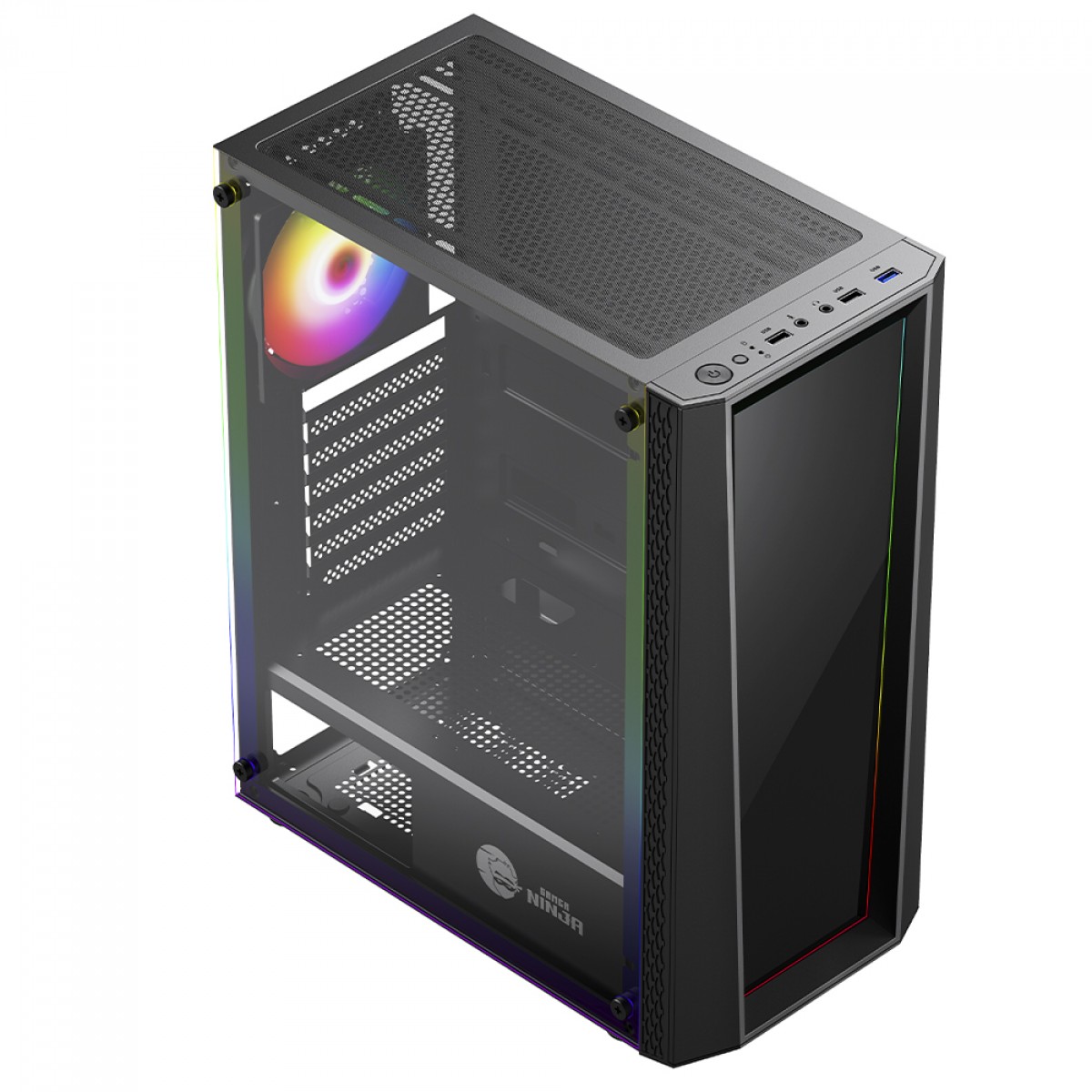 Gabinete Gamer Ninja Eraser, RGB, Mid Tower, Vidro Temperado, ATX, Sem Fonte, Com 1 Fan, GN-CS-ERMTB1F