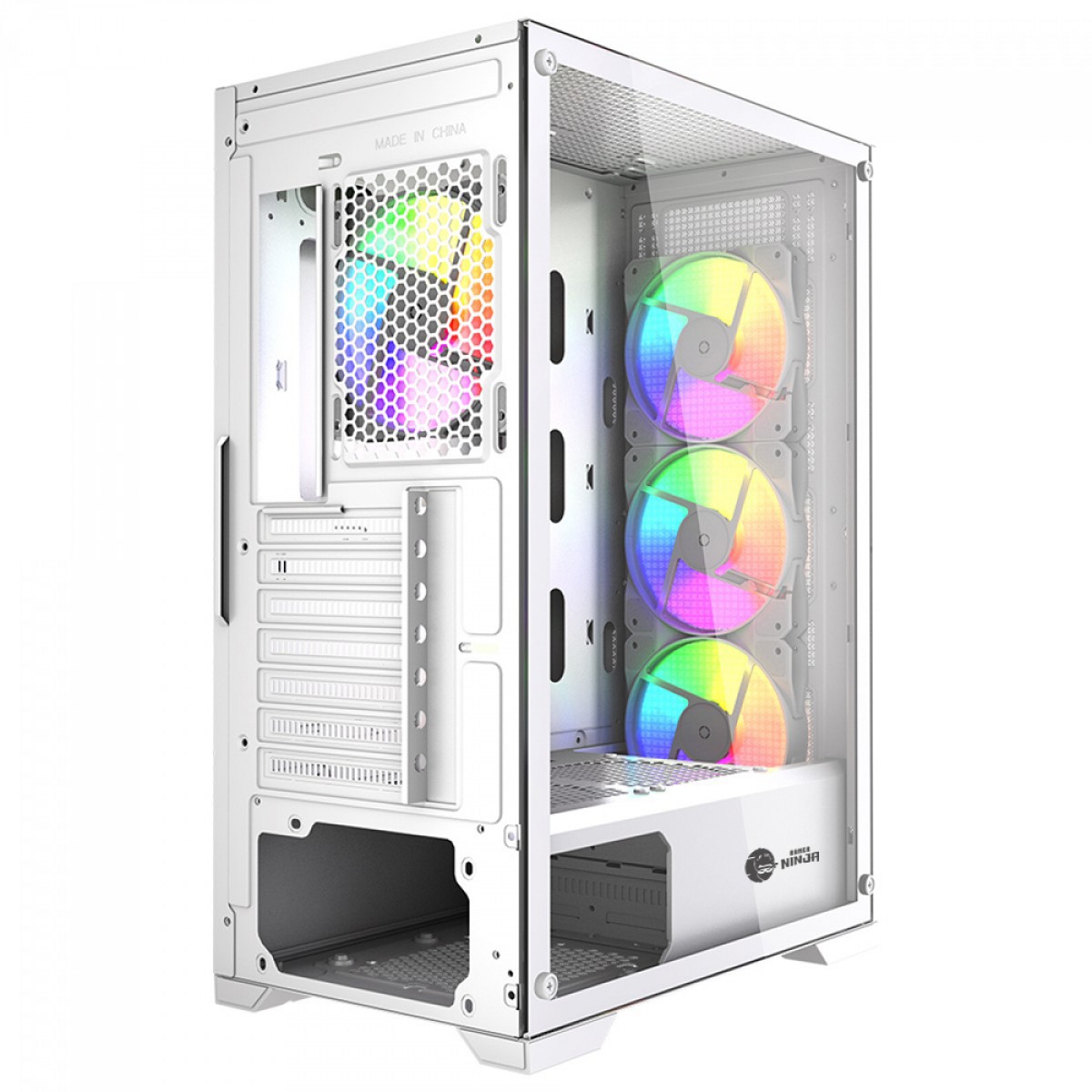 Gabinete Gamer Ninja Kurama, Mid Tower, Vidro Temperado, ATX, Sem Fonte, Com 4 Fans Rainbow, Branco, GN-CS-KRMTW4F