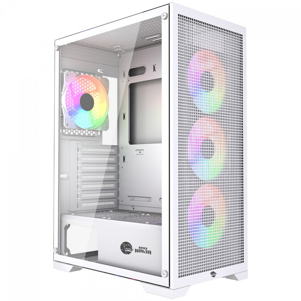 Gabinete Gamer Ninja Kurama, Mid Tower, Vidro Temperado, ATX, Sem Fonte, Com 4 Fans Rainbow, Branco, GN-CS-KRMTW4F