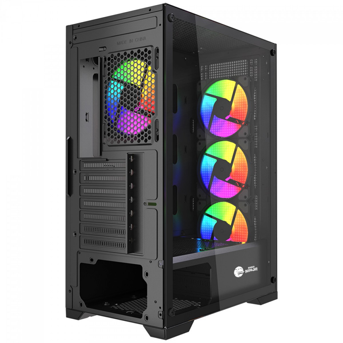Gabinete Gamer Ninja Kurama, Mid Tower, Vidro Temperado, ATX, Sem Fonte, Com 4 Fans Rainbow, Preto, GN-CS-KRMTB4F