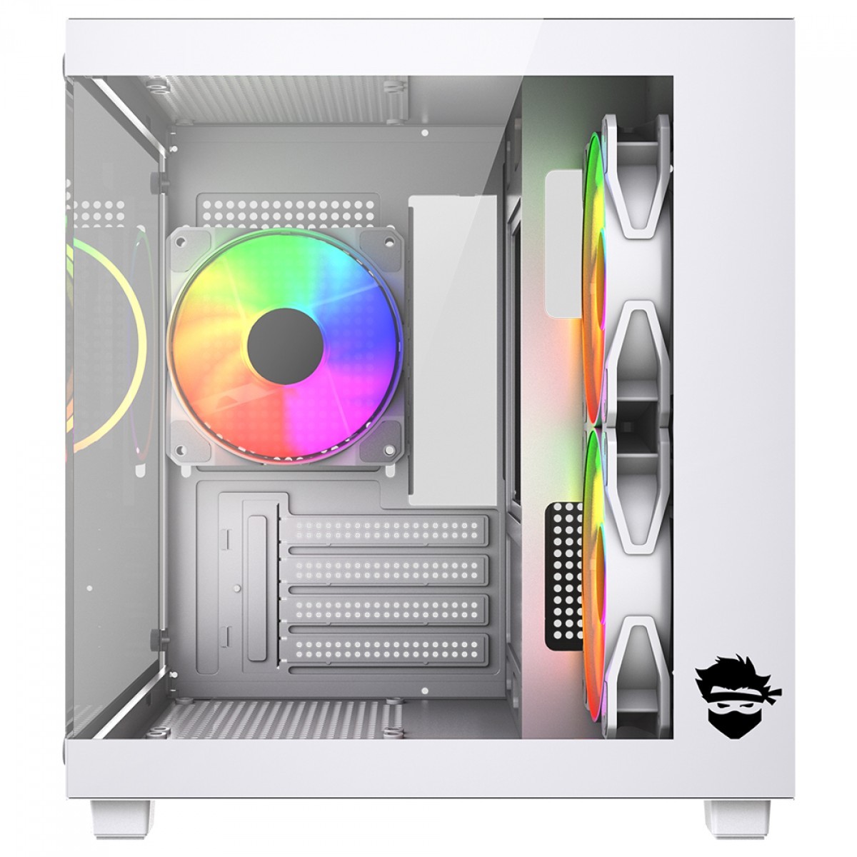 Gabinete Gamer Ninja Ryomaru, Mini Tower, Vidro Temperado, mATX, Sem Fonte, Com 3 Fans Rainbow, Branco, GN-CS-RMMAW3F