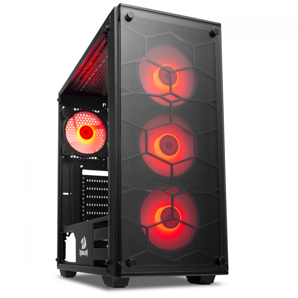 Gabinete Gamer Redragon Wheel Jack, Mid Tower, Vidro Temperado, Black, Sem fonte, Com 4 Fans Red