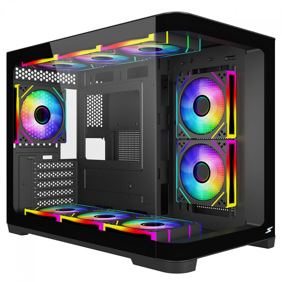 Gabinete Gamer SuperFrame Black Noir, Aquário, Mid Tower, Vidro Temperado, M-ATX, Preto, Sem Fonte, Com 3 Fans ARGB, SF-CS-BNMAB3F