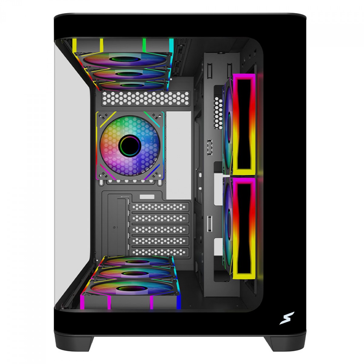 Gabinete Gamer SuperFrame Black Noir, Aquário, Mid Tower, Vidro Temperado, M-ATX, Preto, Sem Fonte, Com 3 Fans ARGB, SF-CS-BNMAB3F